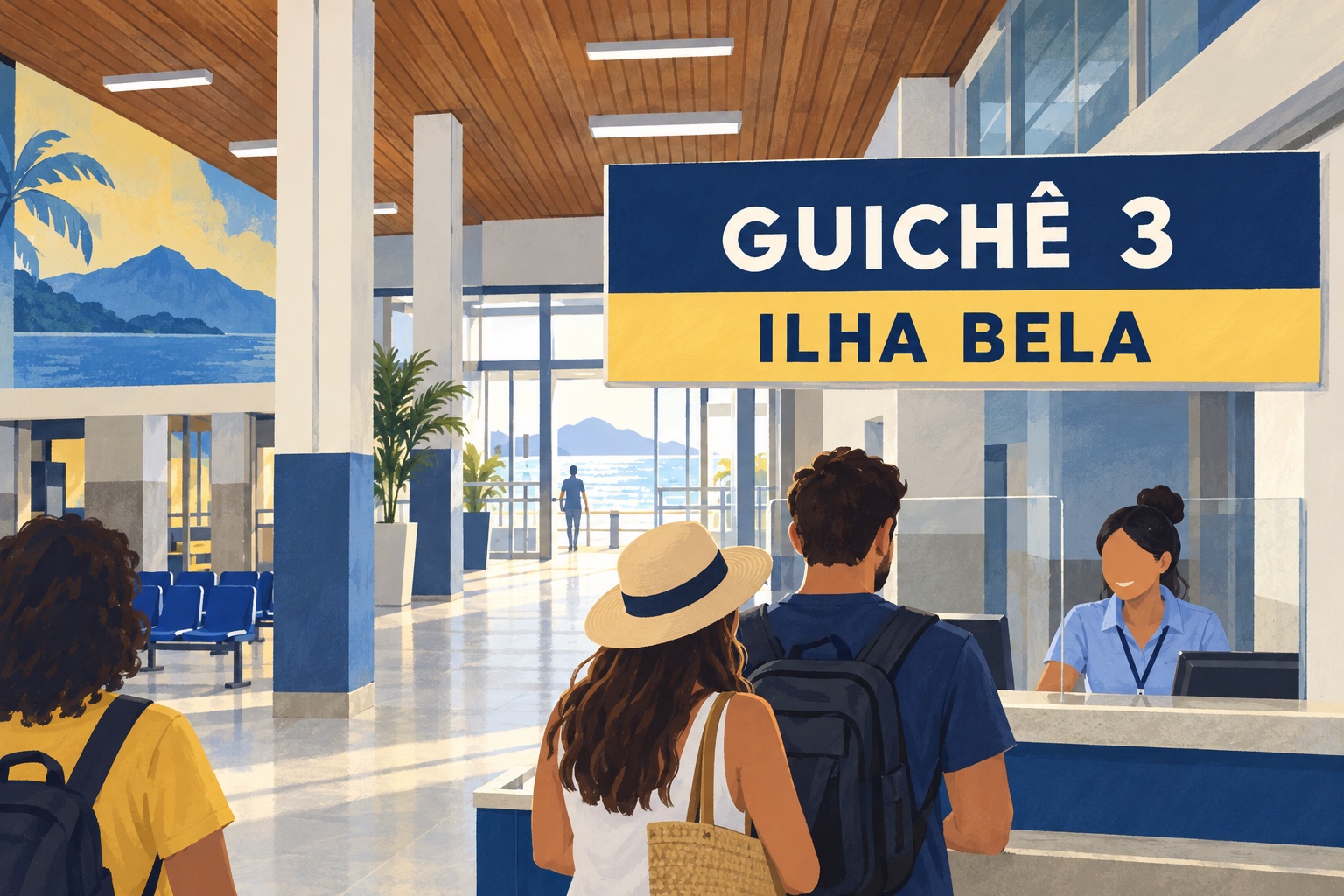Ilustração de orientação de um guichê de atendimento com a indicação Guichê 3 — Ilha Bela