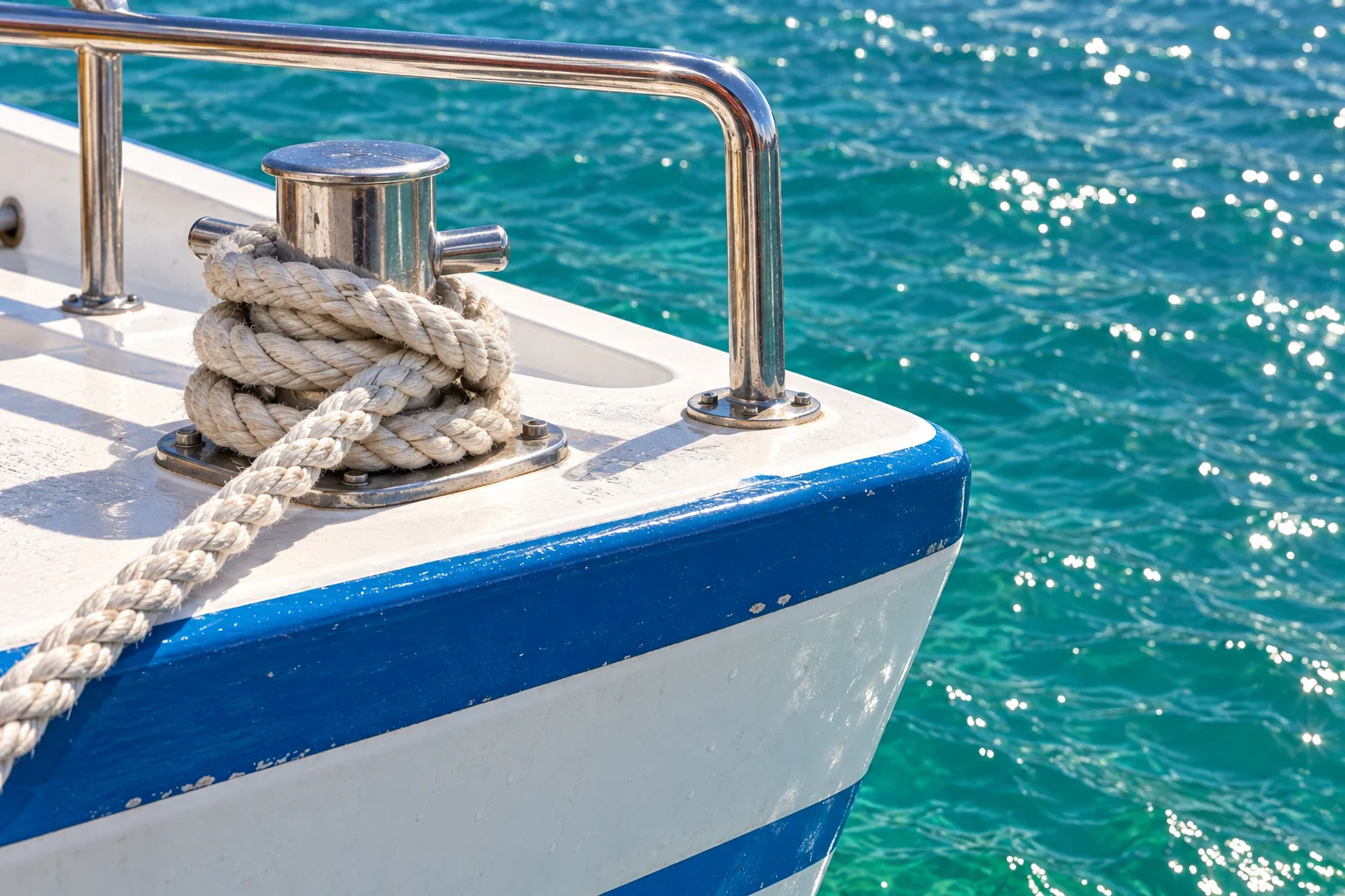 Cabo de amarração e detalhe do casco branco e azul — recriação ilustrativa baseada nas referências da Ilha Bela
